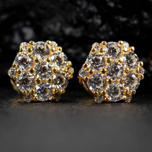 Men's Iced Cz Octagon Flower Cluster Yellow Gold Sterling Silver Stud Earrings - Picture 1 of 5